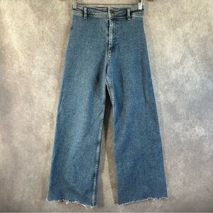 Zara The Marine Straight Jeans Women 4 Blue Raw Frayed Hem Denim Pants Boho
